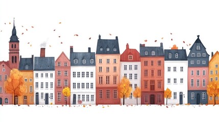 Wall Mural - Colorful autumn cityscape with charming houses, falling leaves, and a serene atmosphere