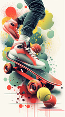 Bright and minimal illustration of roller skates, skateboard, and tennis balls for active lifestyle enthusiasts