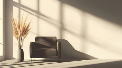 Poster - Mock-up of an empty living room with a soft armchair and a vase of dry grass in morning light, minimalist modern interior background in a scandinavian style. Living Shadow Constructs. Illustration