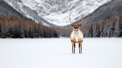 Sticker - majestic reindeer standing on snowy tundra, surrounded by mountains and trees