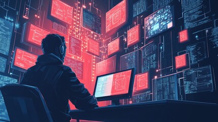 Man with headphones working at a desk with multiple screens displaying complex data and code
