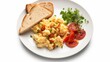 © zetta cuevas  - Scrambled Eggs with Tomatoes and Herbs Served on a White Plate Accompanied by Slices of Toast for a Delicious Breakfast or Brunch Experience