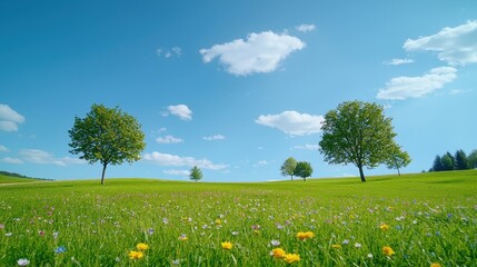 Wall Mural - Serene Spring Meadow With Solitary Trees Under Blue Sky