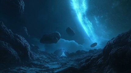 glowing blue nebula and asteroid field in dark cosmic landscape