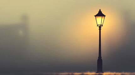 Poster - A classic street lamp with a black pole and yellow light, standing on a white base against a soft background. Phantom-Lit Street Lamps. Illustration