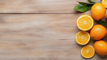 Wall Mural - Fresh oranges on wooden table, showcasing vibrant colors and textures