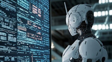 Futuristic robot examining code on a large screen in a high-tech environment.