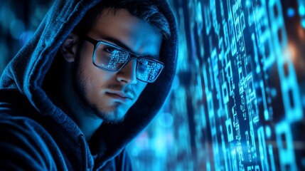 Man in hoodie and glasses with code reflection on lenses in blue light background