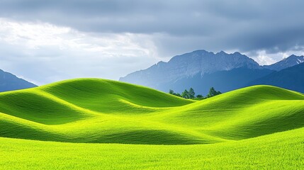 Wall Mural - Rolling green hills extend to distant mountains under cloudy skies