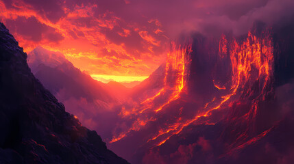 Wall Mural - Majestic canyons aglow in eternal twilight a captivating cinematic landscape. Eternal Sunset Valleys. Illustration