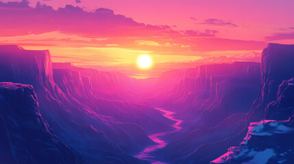 Wall Mural - Majestic canyons aglow in eternal twilight a captivating cinematic landscape. Eternal Sunset Valleys. Illustration