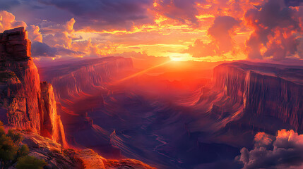 Wall Mural - Majestic canyons aglow in eternal twilight a captivating cinematic landscape. Eternal Sunset Valleys. Illustration