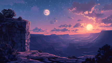 Wall Mural - Rocky canyon landscape with moon and stars in the night sky. Eternal Sunset Valleys. Illustration