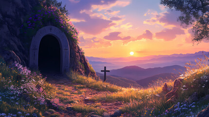 Wall Mural - Serene landscape featuring an ancient tomb entrance and crosses against a stunning sunset over rolling hills and a tranquil valley. Eternal Sunset Valleys. Illustration