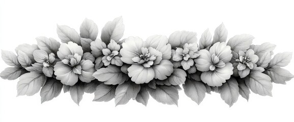 Wall Mural - Monochrome Floral Wreath Design Element on a White Background with Blooms and Leaves