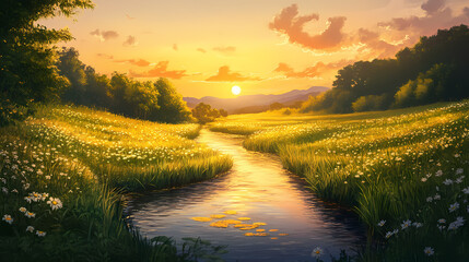 Wall Mural - A serene creek winding through lush fields. Eternal Sunset Valleys. Illustration