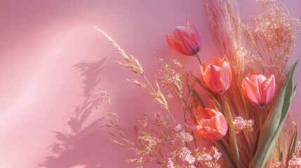 Wall Mural - Pink tulip bouquet arranged on a pastel pink background for spring compositions.