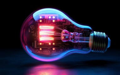 Canvas Print - Light bulb glowing with a circuit board inside, dark blue gradient background, vibrant neon lighting, hightech futuristic design, circuit details