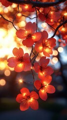 Wall Mural - Luminous Red Cherry Blossoms Glowing Against a Blurred Bokeh Background in Vertical Format