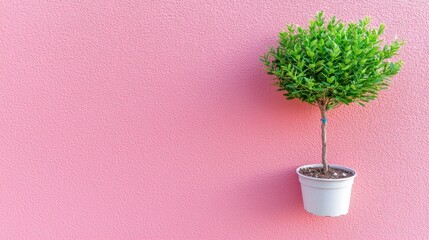 Wall Mural - Pink Wall Background with Small Potted Plant  Green Foliage  Home Decor