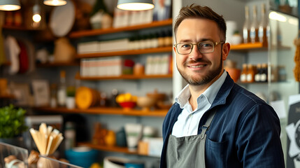 Portrait of shop owner standing behind counter