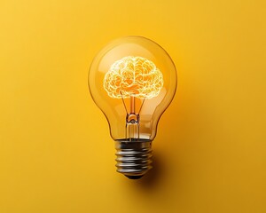 Canvas Print - On a vibrant yellow background, a light bulb containing a brain, symbolizing innovation and creative ideas, glowing, dynamic composition