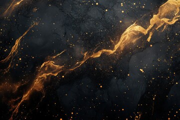 an abstract pattern of gold fluid ink on a black marble-textured background.