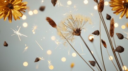 Wall Mural - Festive New Year Dandelions  Bokeh Lights  Sparkles  Floral Design