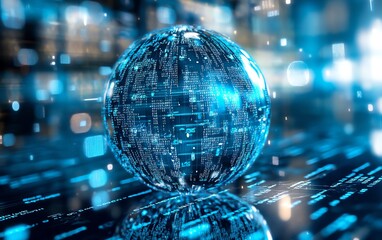 blue glass globe surrounded by floating data blocks and lines of code on a white background, illustr