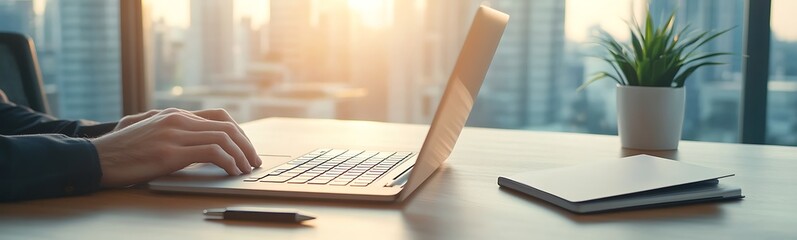 Poster - A wide-angle shot capturing an executive's hands typing on a keyboard, showcasing a professional work environment.