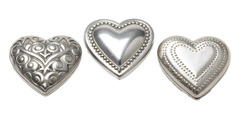 Three of Metallic Silver Hearts on White Background for Romantic Themes, PNG Transparent