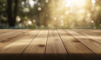 Poster - A warm oak wooden table set against a blurred background, ideal for interior design and decor themes.