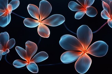 Wall Mural - detailed frangipani blossoms illuminated on a black background, captured in crisp hd 8k for a high-q