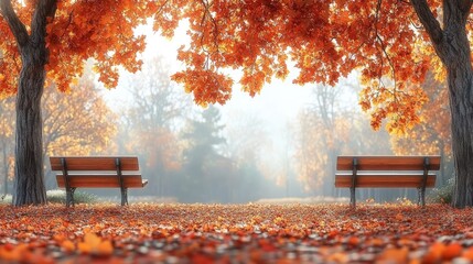 Wall Mural - Serene autumn park scene with vibrant orange leaves, empty benches, and misty background ambiance