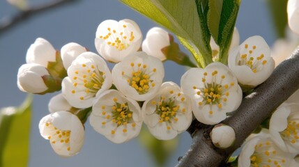 Wall Mural - Close-up of white flowering blossoms on a branch with green leaves.