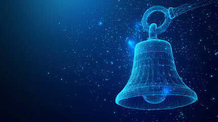 Digital Bell: A glowing digital bell rendered in intricate detail, suspended in a sea of luminous particles, represents the future of technology and communication.