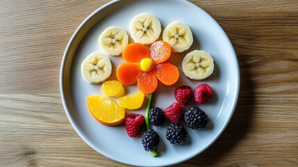 Wall Mural - Creative Fruit Plate with Banana Slices, Orange Flower and Fresh Berries