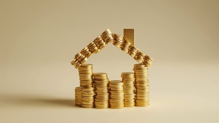 Canvas Print - A pile of coins arranged in the shape of a home roof, symbolizing investment in real estate. Minimalistic background with copy space.