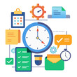 © Юлия Савельева - Visual representation of time and task management concepts featuring a clock, checklists, gears, and various organizing tools, illustrating efficient business practices and productivity techniques