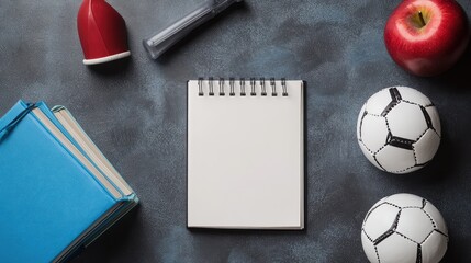 Canvas Print - A set of sports science books on biomechanics and nutrition, with an empty notebook, representing the study of sports performance.