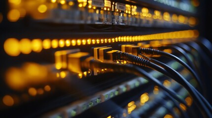 Close-up of network server with connected cables and glowing lights.