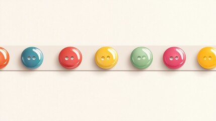 Colorful buttons arranged on a beige ribbon against a white background.