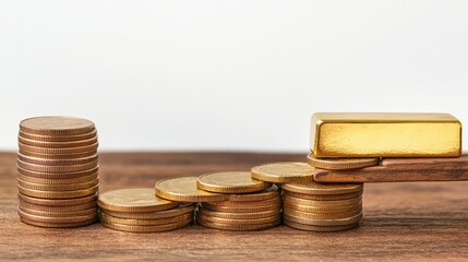 Wall Mural - A stack of increasing coin piles leading up to a gold bar, symbolizing financial growth toward buying gold. Copy space included.