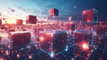 Digital sunset cityscape, glowing cubes, data flow