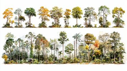Diverse Tropical Trees, Isolated, Collage, White Background, Design Element