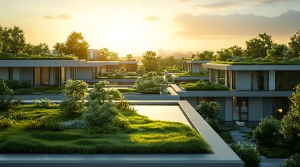 Fototapete - A sustainable design concept for an eco-friendly business park featuring modern architecture and green spaces.