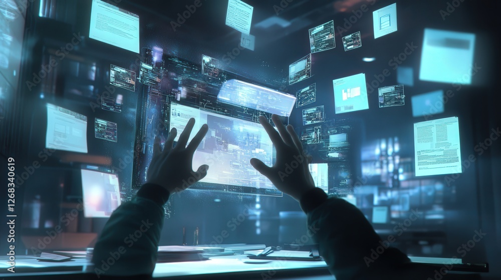 digital workspace where hands interact with floating files and a ...