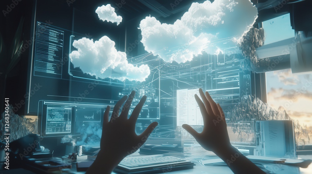 digital workspace where hands interact with floating files and a ...