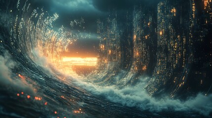 Fototapete - A surreal AI-driven technology concept featuring digital waves and futuristic design.