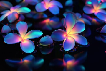 Wall Mural - photographic image of frangipani blossoms glowing vividly on a rich black background, rendered in st